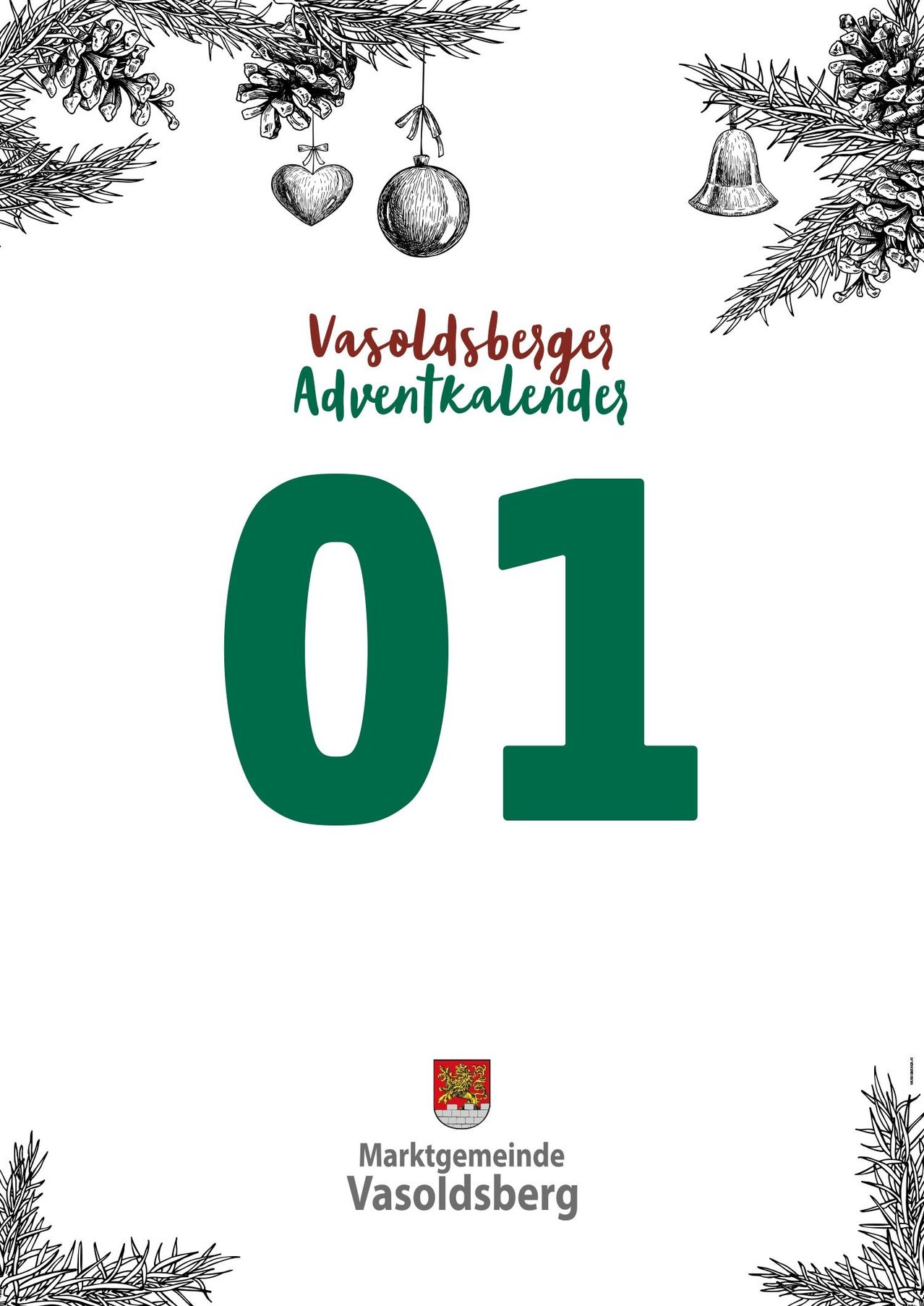Das Bild zeigt ein dekoratives Design für einen Adventskalender mit der großen grünen Nummer 01, umgeben von festlichen Elementen. Über der Nummer steht der Text 'Vasoldsberges Adventkalender'.