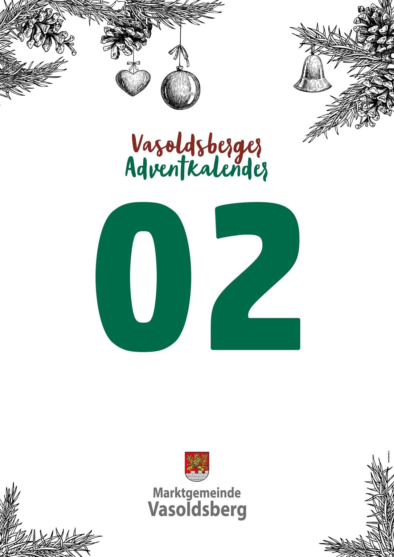 Ein festliches Bild zeigt 'Vasoldsberges Adventkalender' mit einer großen grünen '02' darunter. Dekorative Elemente wie Tannenzapfen, Glocken und Nüsse schmücken die Ecken, alles auf weißem Hintergrund. Ein Wappen erscheint unten.
