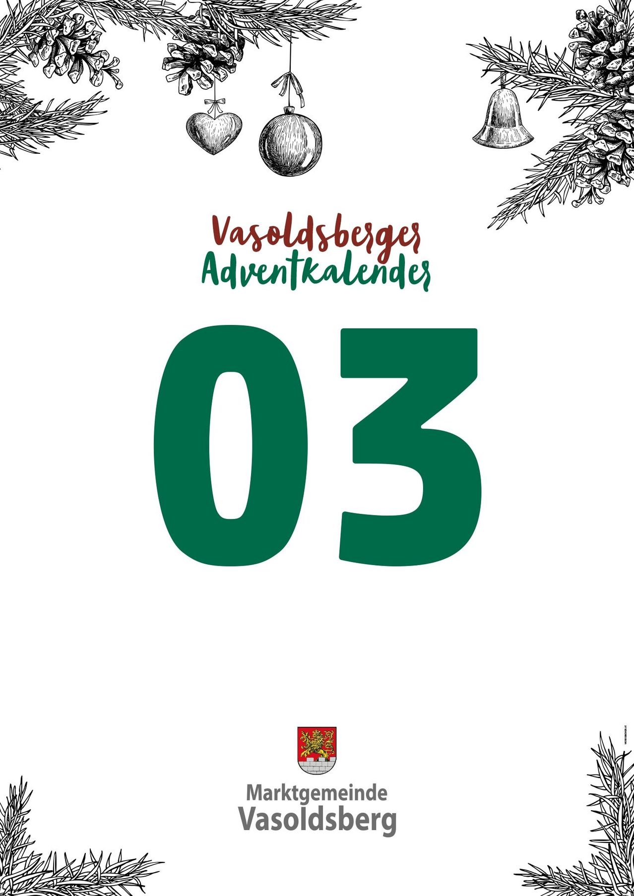 Eine weiße Seite zeigt die Nummer 03 in großen grünen Buchstaben. Darunter steht 'Vasoldsberges Adventkalender' mit einem Weihnachtskranz-Design. Unten befindet sich ein Logo.