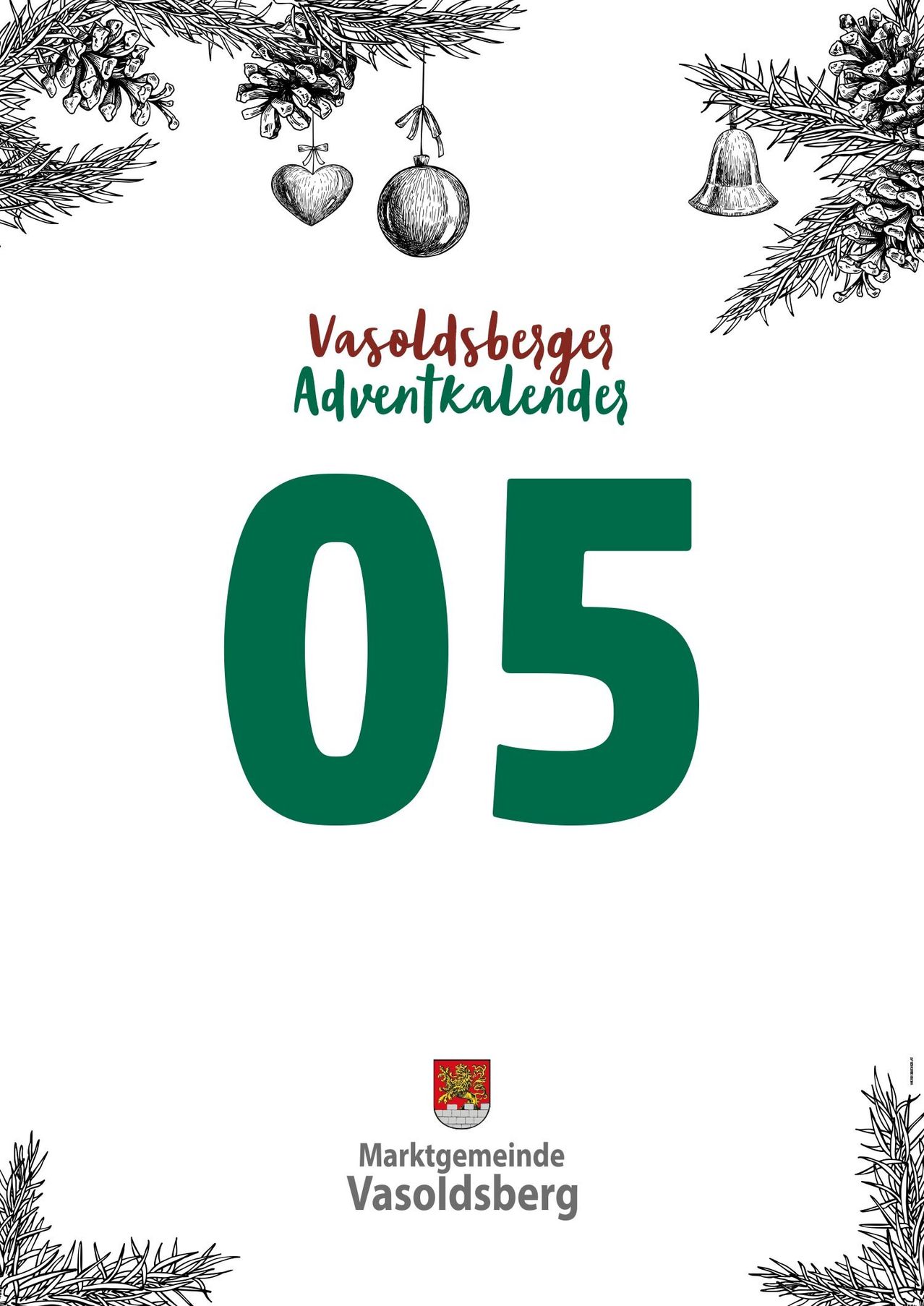 Ein festliches Bild mit der Nummer 5 in Grün, umgeben von Weihnachtsdekorationen, und der Text 'Vasoldsberges Adventkalender' in Rot geschrieben.