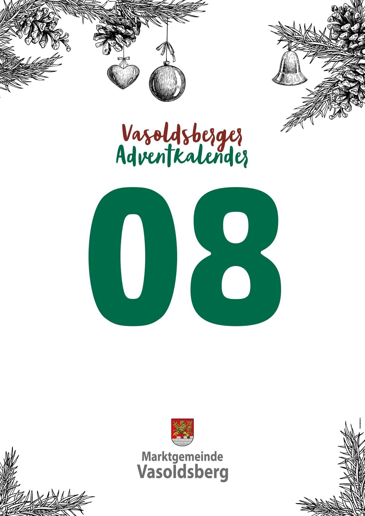 Ein Bild eines Adventskalenders für den 8. Dezember. Es zeigt eine grüne '08' in fetter Schrift, mit weißem Hintergrund und Weihnachtsdekorationen. Der Text 'Vasoldsberges Adventkalender' ist in Rot und Grün geschrieben.