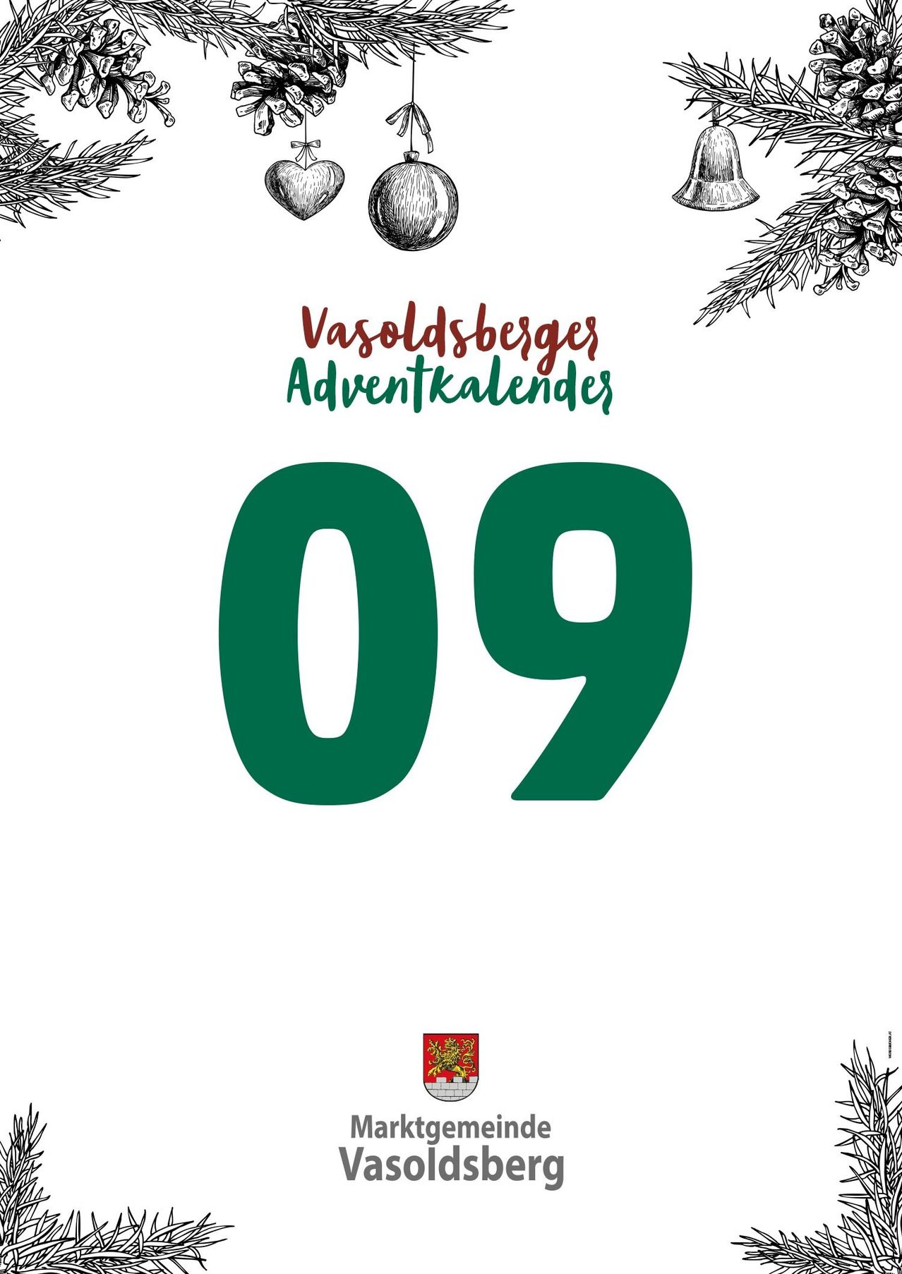Das Bild zeigt die Nummer 09 in großen grünen Buchstaben. Darunter steht 'Vasoldsberges Adventkalender' in Rot. Der Hintergrund hat festliche Dekorationen.