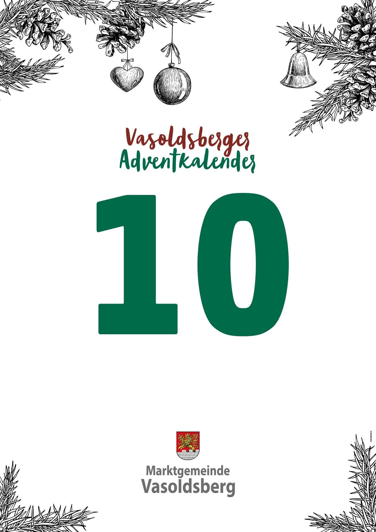 Ein festliches Bild zeigt die Nummer 10 in Grün. Darüber steht 'Vasoldsberges Adventkalender'. Feiertagsdekorationen wie Tannenzapfen und Glocken sind verstreut.