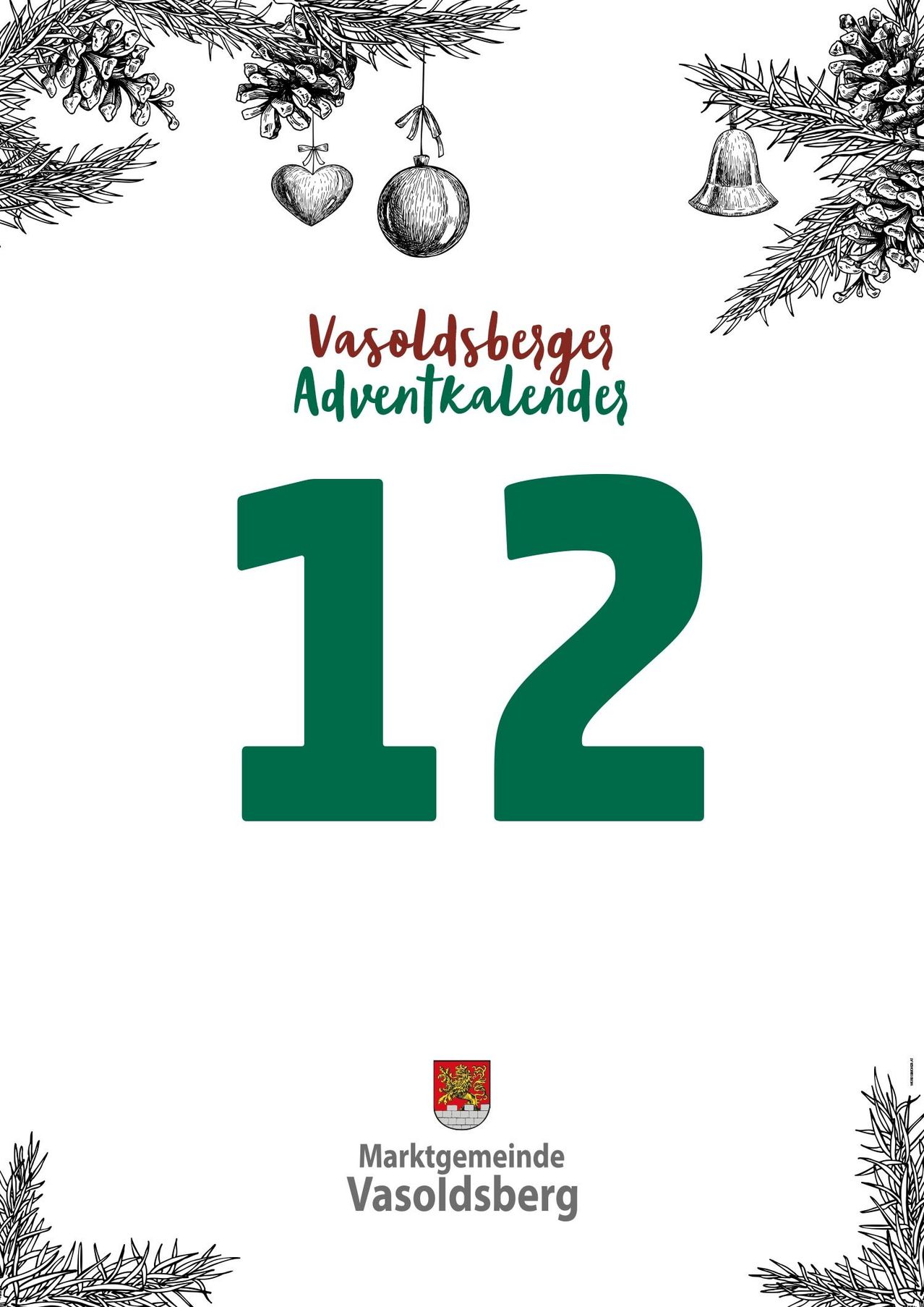 Ein festliches Bild mit 'Vasoldsberges Adventkalender' in Rot und Grün, der Nummer 12 in Grün und dekorativen Elementen wie Tannenzapfen und Äpfeln.