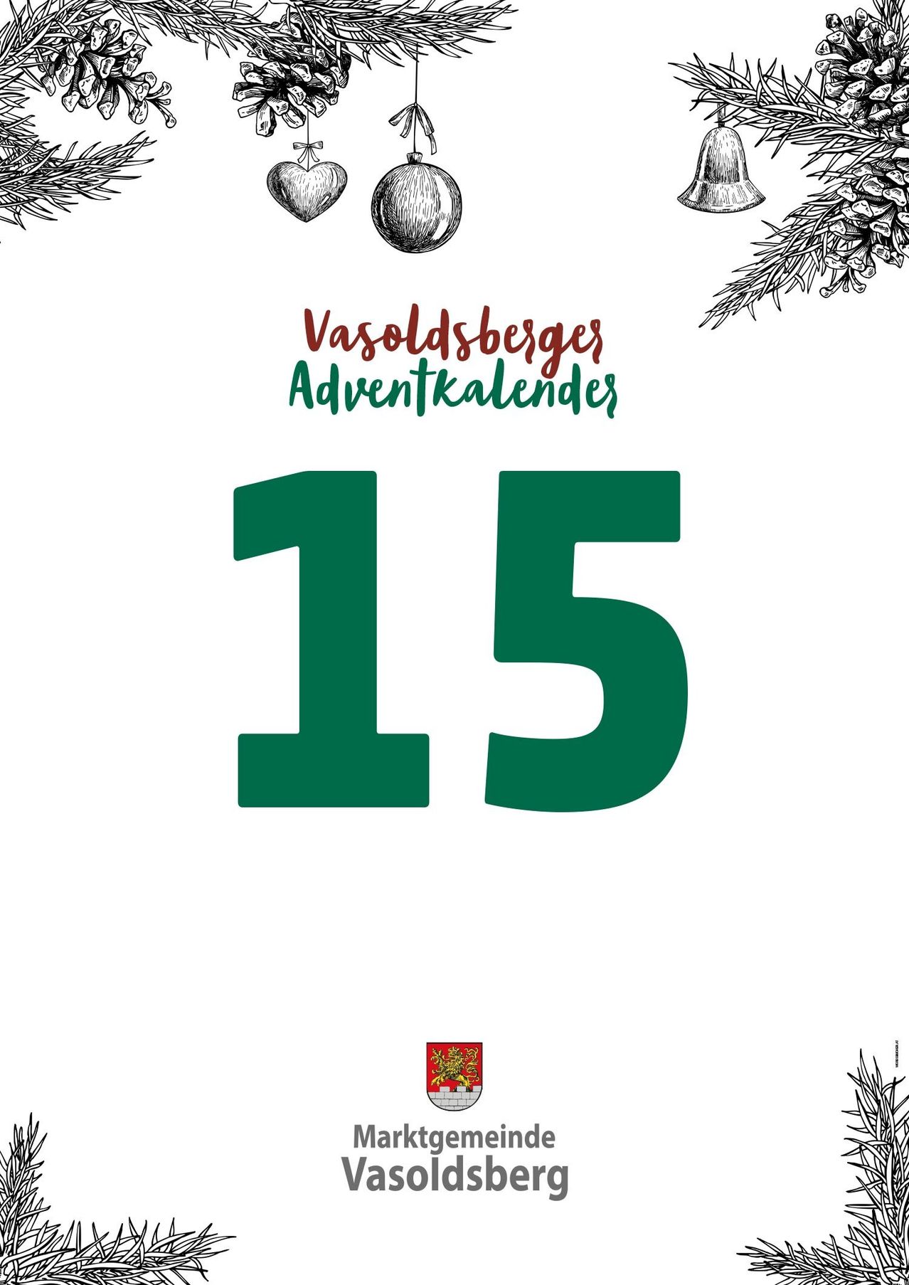 Eine weiße Seite zeigt ein festliches Design mit einer großen grünen Zahl 15. Darunter steht in Rot 'Vasoldsberges Adventkalender'. Tannenzapfen und Blätter sind um den Text herum verstreut. Unten befindet sich ein kleines Logo.