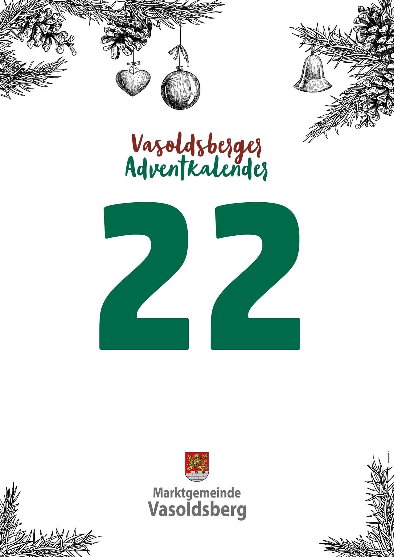 Eine weiße Seite mit 'Vasoldsberges Adventkalenders' in rotem Text über einem großen grünen '22'. Tannenzapfen und andere Weihnachtsdekorationen sind verstreut. Ein Wappen ist unten.