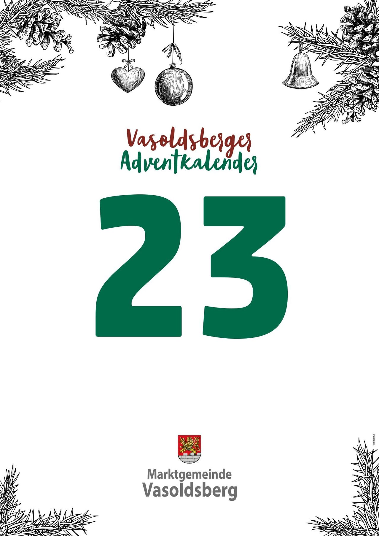 Ein weißer Poster zeigt die grüne Zahl 23, mit den Worten 'Vasoldsberges Adventkalenders' in Rot darüber. Der Hintergrund ist mit weihnachtlichen Elementen wie Tannenzapfen und Glocken verziert. Unten befindet sich ein Logo.
