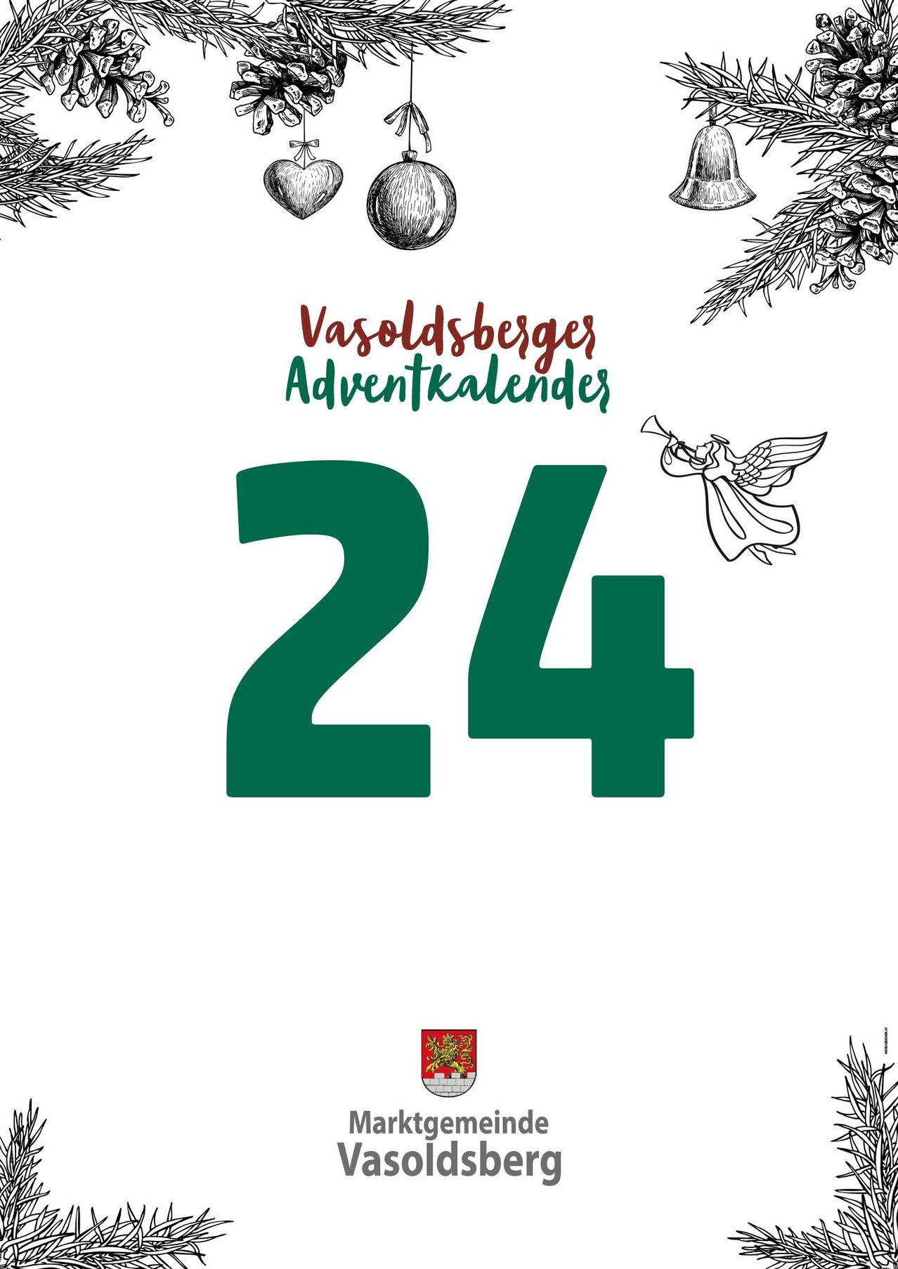 Weihnachtlicher Adventskalender mit der Nummer 24, mit einer Zeichnung eines Engels und Weihnachtsdekorationen im Hintergrund.