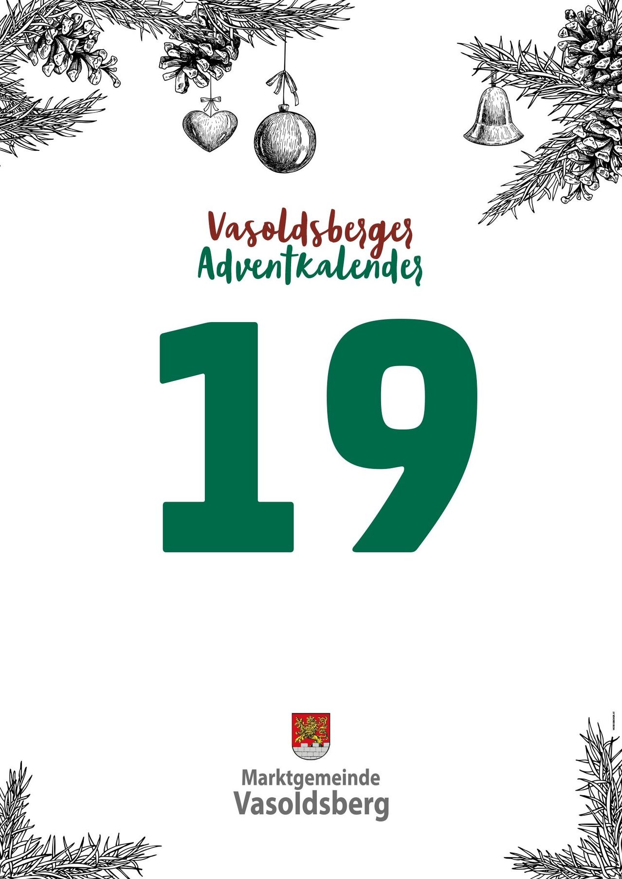 Ein weißer Plakat mit Weihnachtsdekorationen in den Ecken zeigt den Text 'Vasoldsberges Adventkalender' und die Zahl 19 prominent in der Mitte.