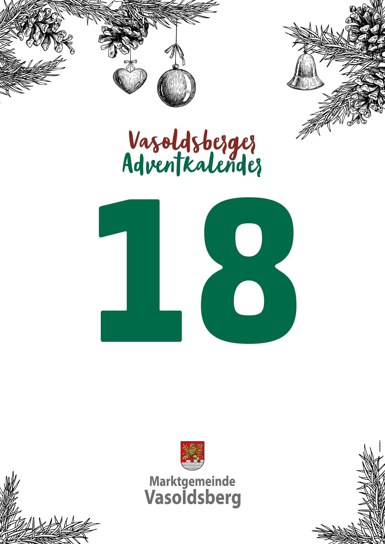 Das Bild zeigt einen weißen Hintergrund mit einem festlichen Weihnachtsthema. Es zeigt die Nummer 18 in Grün. Über der Nummer steht in Rot 'Vasoldsberges Adventkalender', was darauf hindeutet, dass es Teil eines Adventskalenders ist.