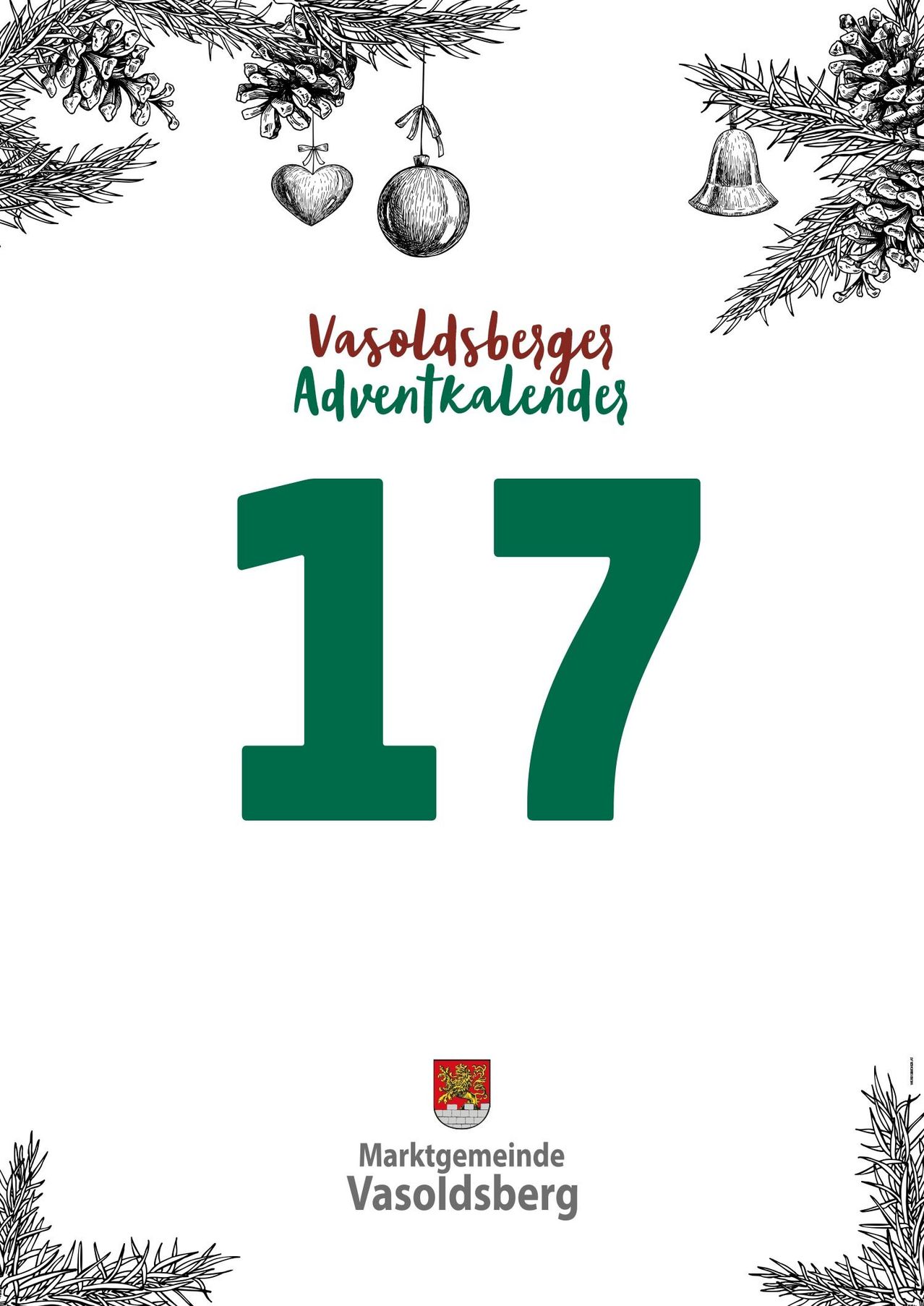 Ein weißer Hintergrund mit Weihnachtsdekoration. Der Text lautet 'Vasoldsberges Adventkalender' und die Nummer 17 ist prominent in Grün angezeigt. Unten befindet sich ein kleines Logo.