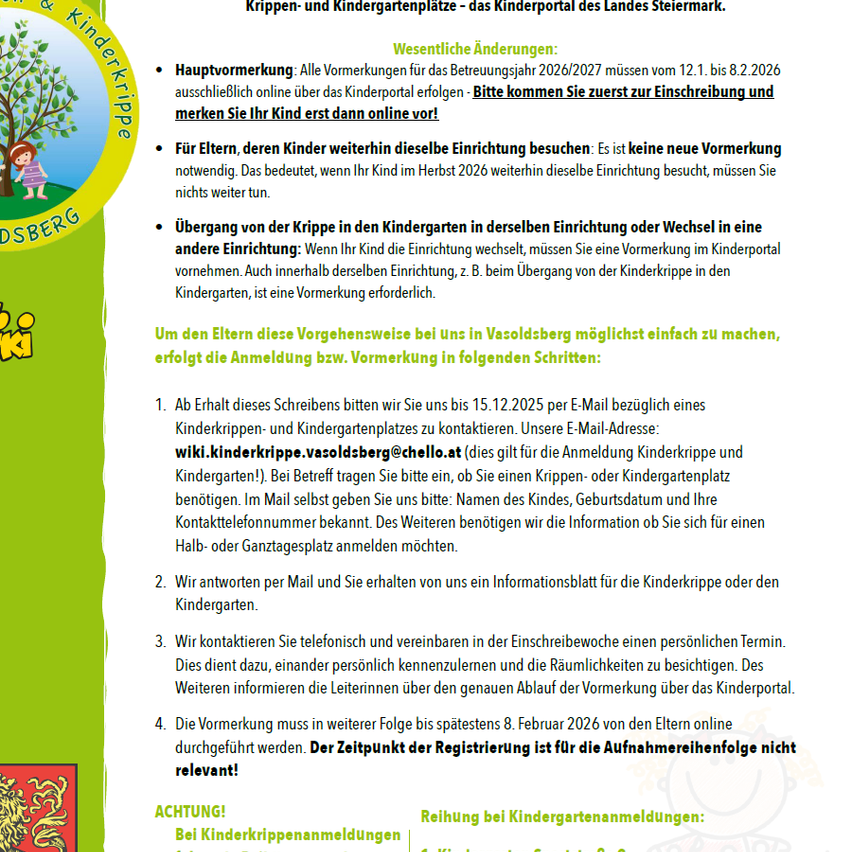 Dokument mit Details zur Anmeldung für Kindergärten und Kinderkrippen in Vasoldsberg, Österreich, für das Schuljahr 2026/2027. Es beschreibt die Verfahren, erforderlichen Dokumente und Fristen. Außerdem enthält es Kontaktinformationen für weitere Fragen.