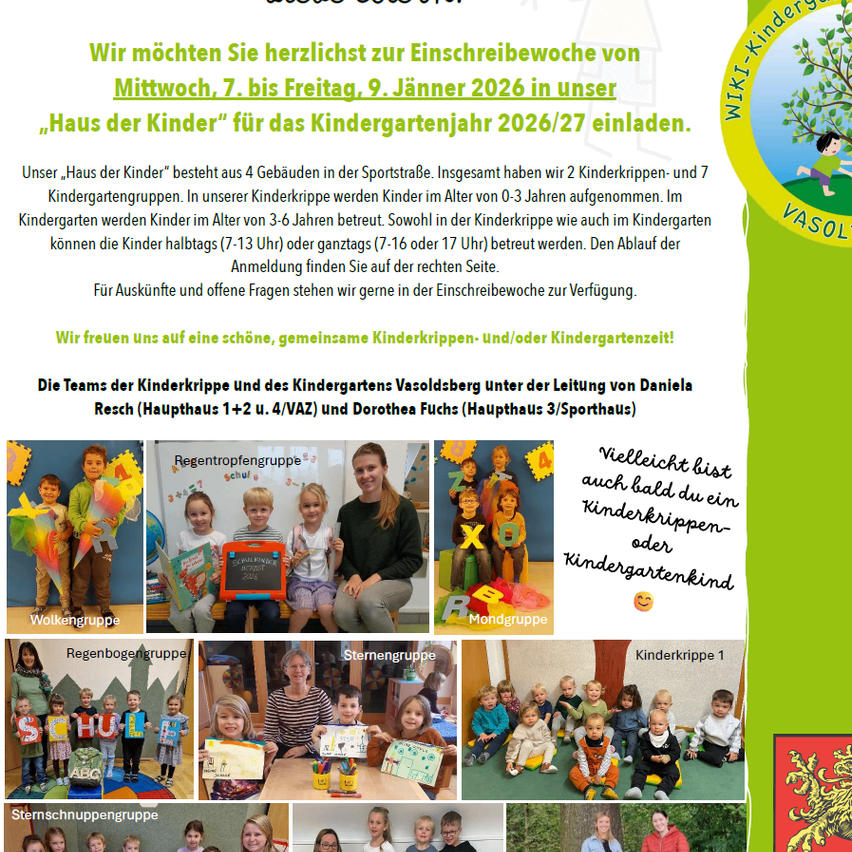 Plakat für die Anmeldewoche im Haus der Kinder. Es zeigt eine Collage von Fotos mit Kindern und Erziehern und betont eine einladende und pädagogische Umgebung. Die Daten sind Mittwoch, 7. bis Freitag, 9. Januar 2026.