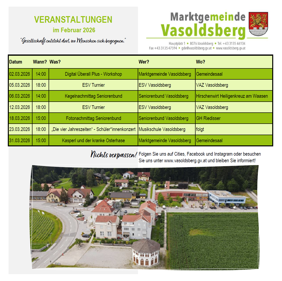 Ein Bild mit einem Zeitplan für den Februar 2026. Es listet verschiedene Veranstaltungen auf, darunter digitale Workshops, Bowling-Turniere und Seniorentreffen. Jede Veranstaltung hat ein Datum, eine Uhrzeit und eine Beschreibung. Ein Footer weist die Betrachter an, den Social-Media-Kanälen zu folgen, um Updates zu erhalten.