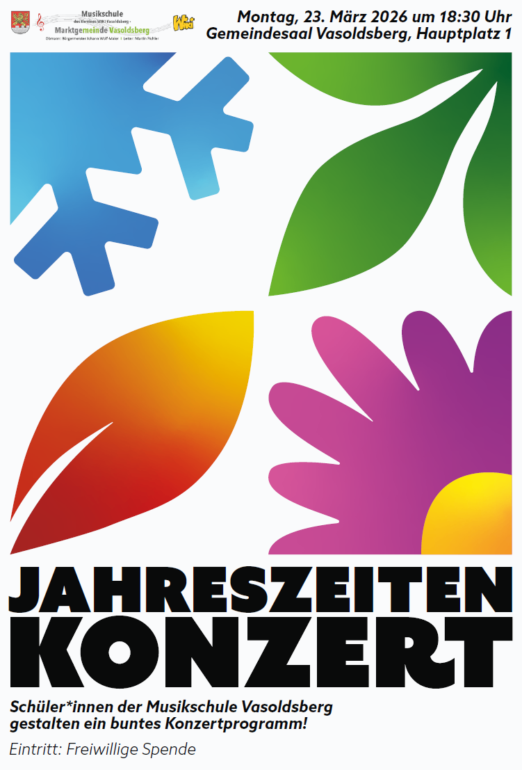 Logo für das 'Jahreszeiten Konzert' mit einer Schneeflocke, einem Blatt und einer Blume. Der Text 'JAHRESZEITEN KONZERT' ist in fetter, großgeschriebener Schrift geschrieben.