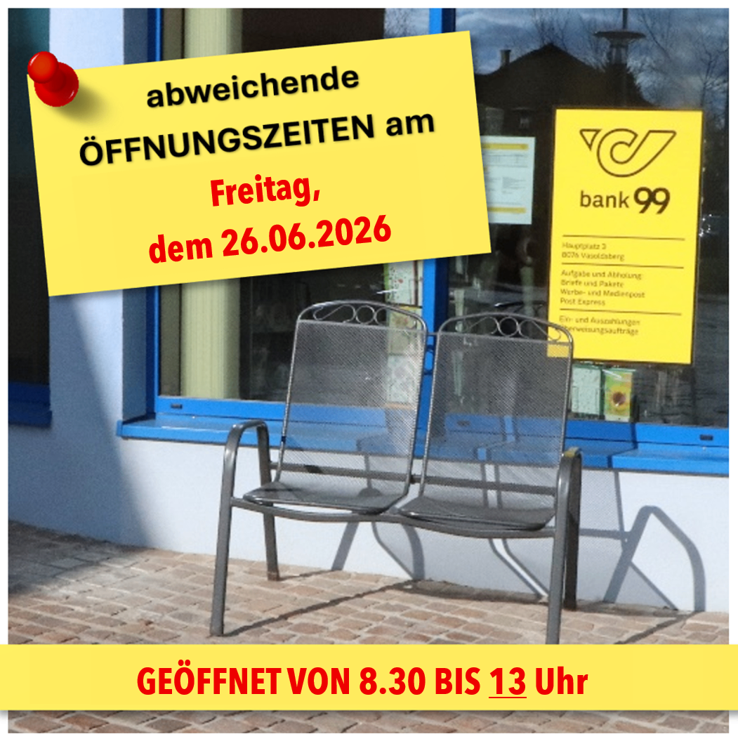 Ein Laden mit Öffnungszeitenschild. Das gelbe Schild sagt 'ÖFFNUNGSZEITEN' am Freitag, 26.06.2026. Geöffnet von 8:30 bis 13 Uhr.