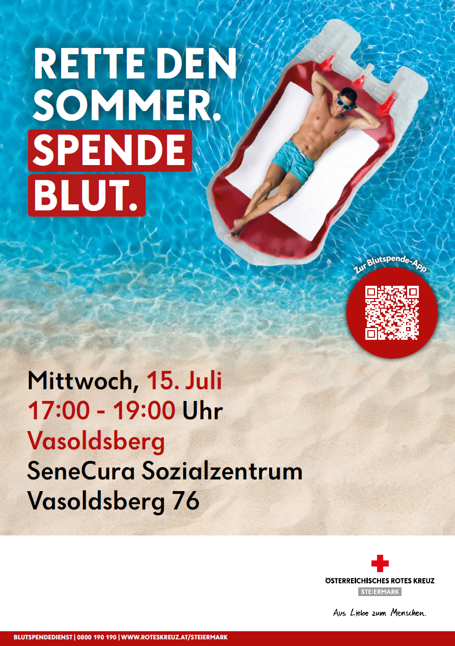 Ein Mann entspannt sich in einem aufblasbaren Schwimmring im Pool. Der Plakattext lautet 'Sommer. Spende Blut.' mit dem Veranstaltungstermin 15. Juli.