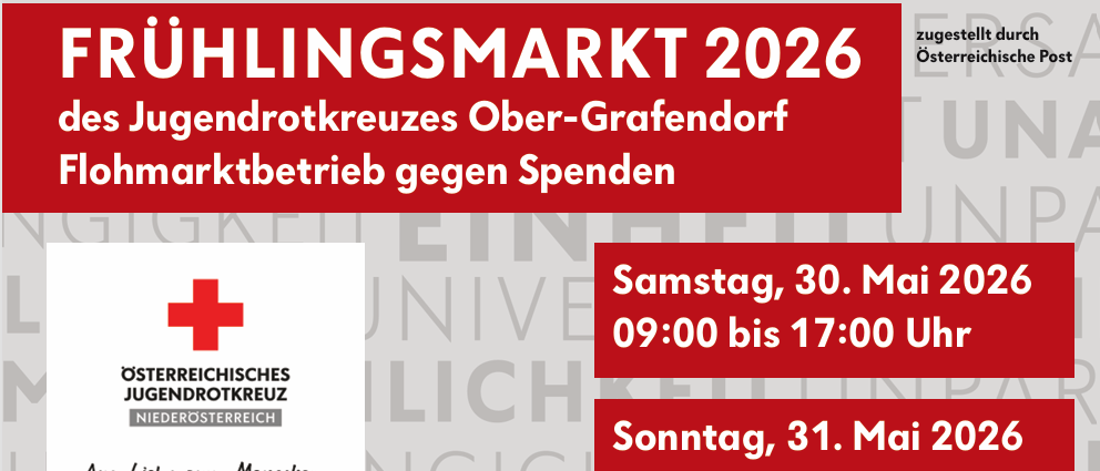 Rotes Kreuz Jugendmarkt in Ober-Grafendorf, Österreich. Samstag, 30. Mai von 09:00 bis 17:00 Uhr, Sonntag, 31. Mai von 09:00 bis 13:00 Uhr.
