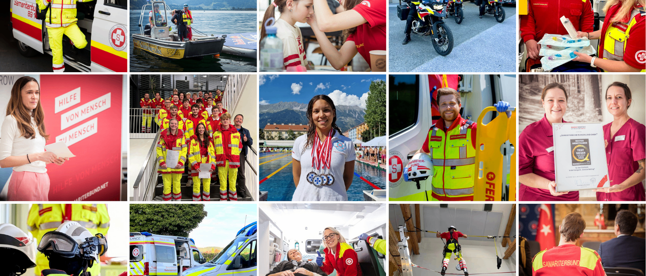 Eine Collage von Bildern zeigt ein Boot auf dem Wasser, eine Person, die Hilfe erhält, eine Gruppe in roten und gelben Uniformen, eine Frau mit Medaillen, einen lächelnden Mann in einem roten Jackett, einen Krankenwagen, eine Frau, die einem Patienten hilft, und eine Person auf einem Seil.