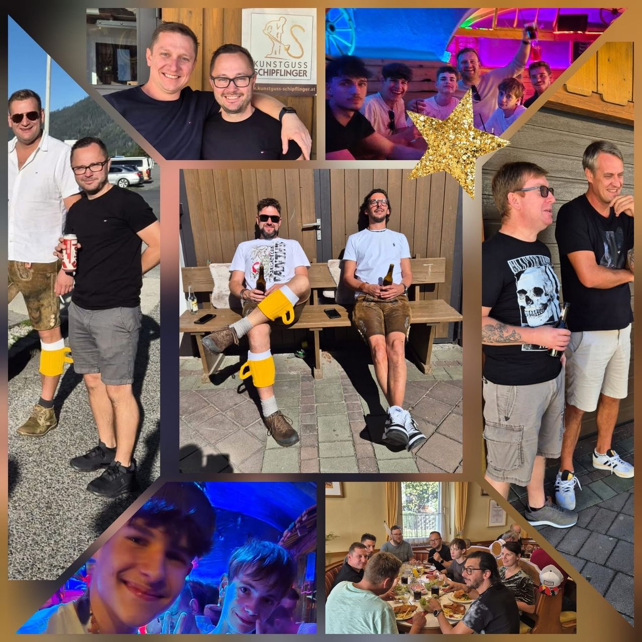 Eine Collage von Menschen in verschiedenen Situationen, einige mit Brillen und Getränken in der Hand, lächelnd und für Fotos posierend.