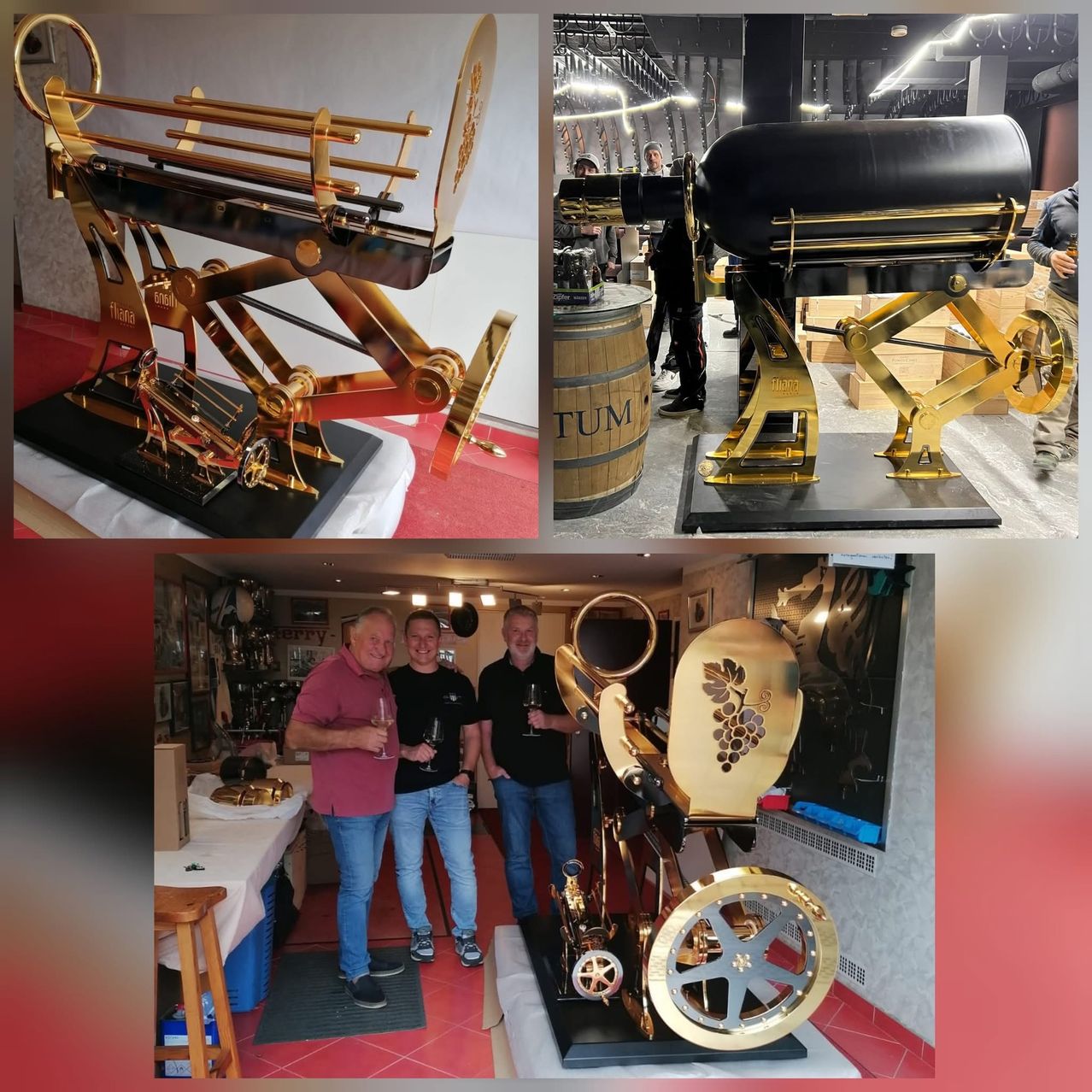 Eine Collage aus vier Bildern, die eine goldene mechanische Weinpresse, einen Fass, zwei Männer in einem Weinkeller und eine Nahaufnahme der Presse zeigen.