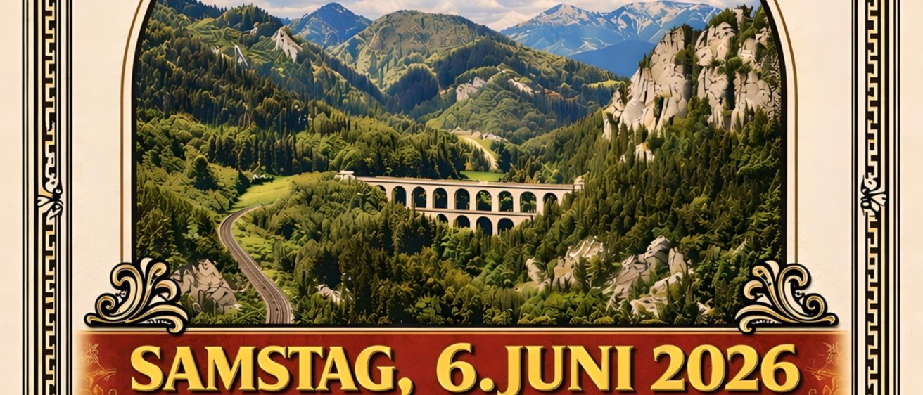 Plakat zum 150. Jubiläum von Chorbesten, Payerbach-Reichenau. Mit einer malerischen Berglandschaft und einer Brücke. Veranstaltung am Samstag, 6. Juni 2026, mit Aktivitäten ab 14 Uhr im Kurpark.
