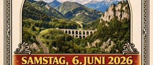 Plakat zum 150. Jubiläum von Chorbesten, Payerbach-Reichenau. Mit einer malerischen Berglandschaft und einer Brücke. Veranstaltung am Samstag, 6. Juni 2026, mit Aktivitäten ab 14 Uhr im Kurpark.