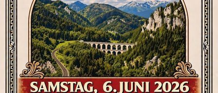 Plakat zum 150. Jahrestag von Chorbesten 1876-2026 mit einer malerischen Aussicht auf Berge, eine Brücke und Grünflächen. Veranstaltung am 6. Juni 2026, mit Treffpunkt um 14 Uhr und Jubiläumskonzert um 16 Uhr.