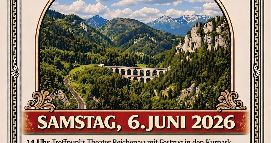 Plakat zum 150. Jahrestag von Chorbesten 1876-2026 mit einer malerischen Aussicht auf Berge, eine Brücke und Grünflächen. Veranstaltung am 6. Juni 2026, mit Treffpunkt um 14 Uhr und Jubiläumskonzert um 16 Uhr.
