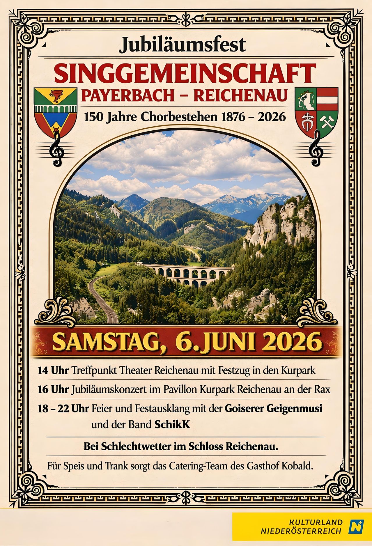 Poster for the 150th anniversary of Chorbesten in Reichenau, Austria. Features mountains, a bridge, and a concert event on June 6, 2026.