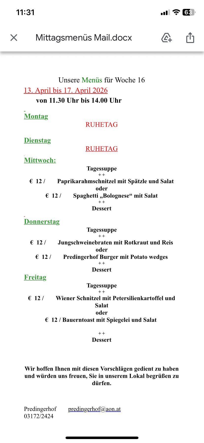 Wöchentliches Menü mit Tagesnamen in Deutsch, einschließlich Optionen wie Paprikaschnitzel, Spaghetti und verschiedene Burger. Jedes Gericht kostet 12 Euro, mit zusätzlichen Auswahlmöglichkeiten und Desserts.