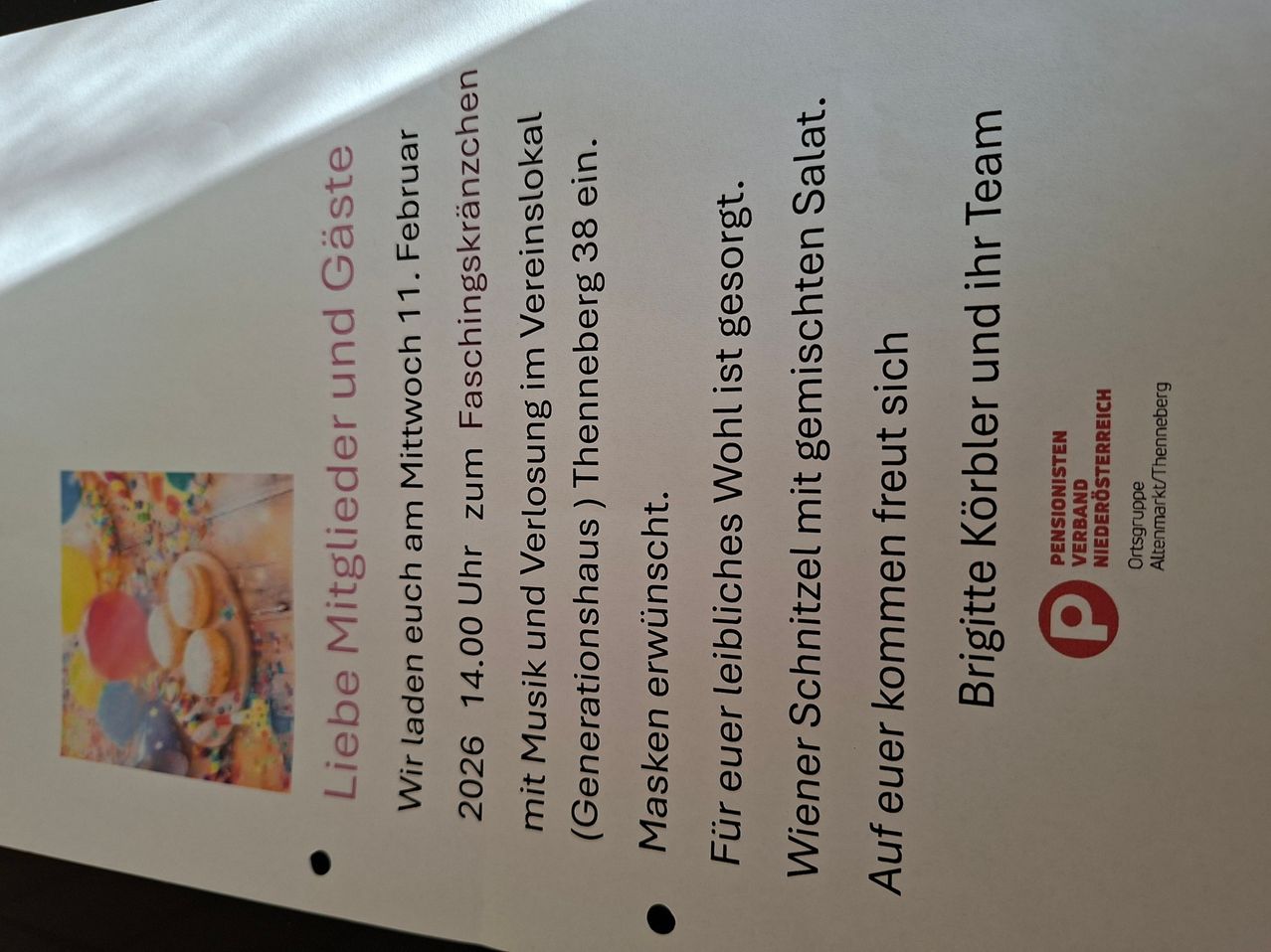 Eine Einladung zur Weinprobe am 11. Februar. Die Veranstaltung beginnt um 14:00 Uhr in Faschingskraenzen. Reservierungen sind über Themenberg 38 möglich. Erfrischungen werden serviert.