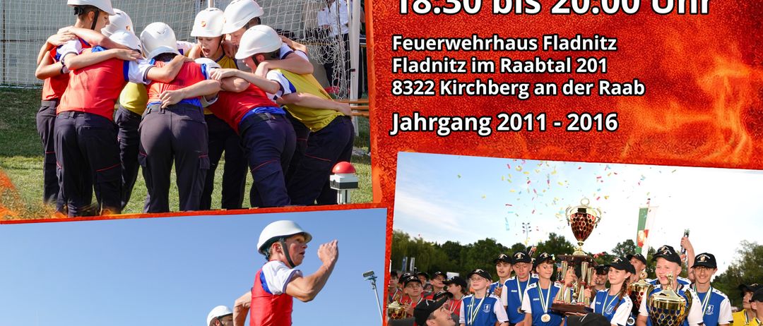 Ein Flyer für eine Feuerwehr-Veranstaltung. Es zeigt Fotos von Menschen in Helmen, die Sport treiben und mit Pokalen feiern. Das Datum ist der 30. Jänner 2026 von 18:30 bis 20:00 Uhr.
