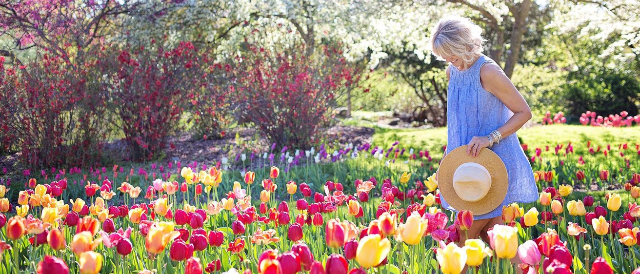 Eine Frau geht durch einen Garten voller roter, gelber und rosa Tulpen und hält einen Strohhut. Bäume und Büsche mit roten und weißen Blumen sind im Hintergrund.