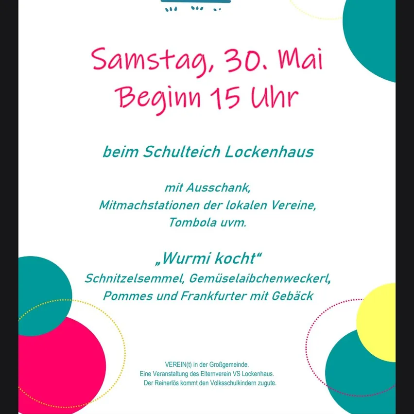 Einladung zu einem Flohmarkt im Schulteich Lockenhaus am Samstag, 30. Mai, Beginn 15 Uhr. Es gibt Essen- und Getränkestände von lokalen Vereinen und eine Tombola.