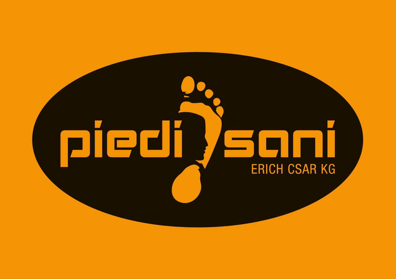 Ein gelbes und schwarzes Logo mit einem Fußumriss, benannt Piedi Sani von Erich Csar KG.