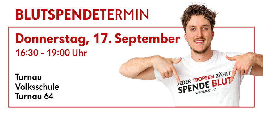 Ein Mann trägt ein weißes T-Shirt mit dem Text 'Jeder Tropfen Zahlt Spende Blut' und zeigt mit einem Lächeln auf die Kamera. Der Text oben links lautet 'UTSPENDETERMIN' und darunter steht das Datum '17. September'. Die Zeit ist '0 - 19:00 Uhr'. In der unteren linken Ecke steht 'au schule 64'.