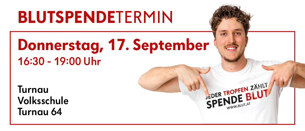Ein Mann trägt ein weißes T-Shirt mit dem Text 'Jeder Tropfen Zahlt Spende Blut' und zeigt mit einem Lächeln auf die Kamera. Der Text oben links lautet 'UTSPENDETERMIN' und darunter steht das Datum '17. September'. Die Zeit ist '0 - 19:00 Uhr'. In der unteren linken Ecke steht 'au schule 64'.