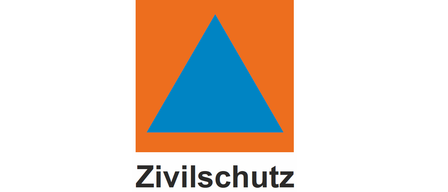 Das Logo für Zivilschutz Steiermark zeigt ein blaues Dreieck auf orangem Hintergrund mit dem Text Zivilschutz Steiermark darunter.