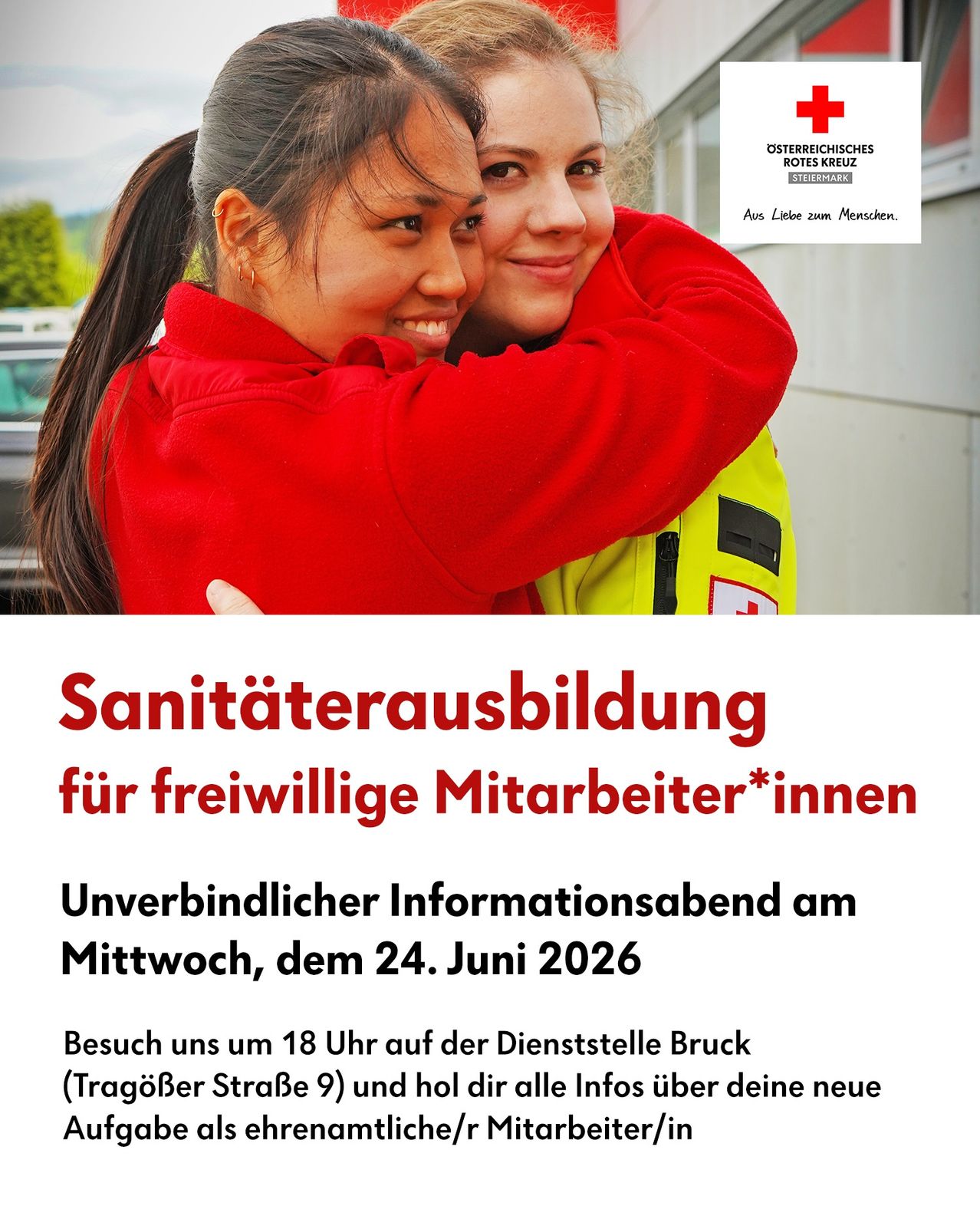 Plakat mit zwei lächelnden Frauen, die sich umarmen und eine kostenlose Freiwilligenausbildung des Roten Kreuzes bewerben. Geplant für den 24. Juni 2026, lädt es zum Besuch der Bruck-Einrichtung ein, um mehr zu erfahren.