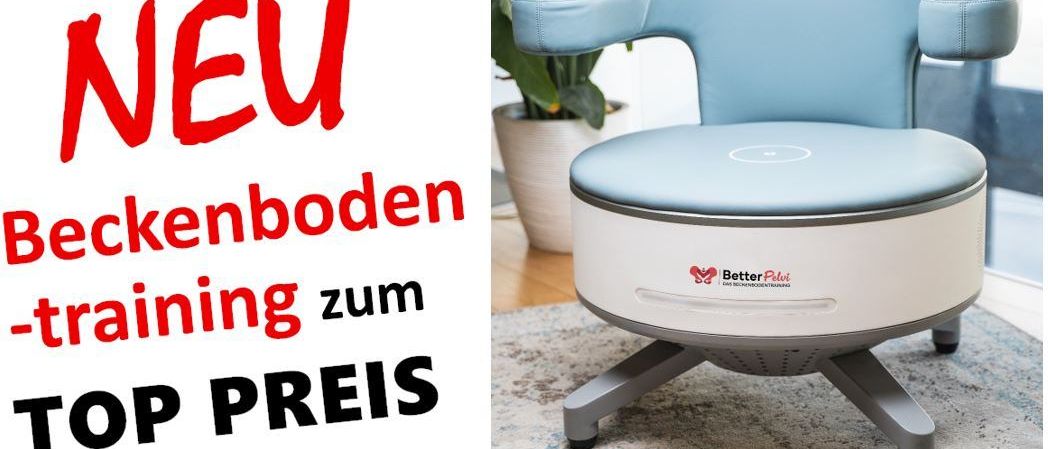 Ein Bild eines blauen und weißen Bürostuhls mit den Worten 'Neue ckenboden ning zum P PREIS' auf der linken Seite und einer Pflanze in einem weißen Topf auf der rechten Seite.