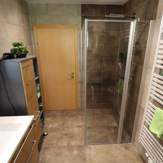 Ein modernes Badezimmer mit gefliesten Wänden, einer Glasdusche und einem Holzschrank mit Topfpflanze. Der Waschbecken und der Handtuchhalter sind ebenfalls sichtbar.