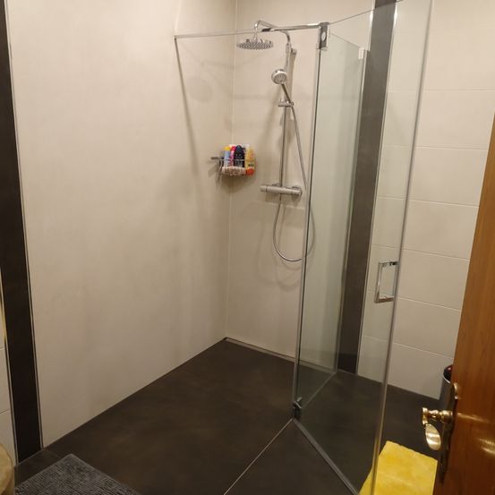 Ein Innenraumblick eines modernen Badezimmers mit einer Glasdusche, weißen Fliesenwänden, einem grauen Teppich und einer Duschbrause mit Schlauch.