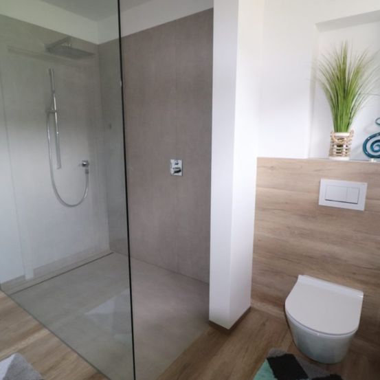 Ein modernes Badezimmer mit einer Glasdusche, Holzboden und einer weißen Toilette. Ein Topf mit einer Pflanze steht auf einem Regal über der Toilette.