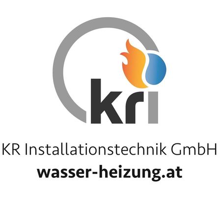 Das Logo der KR Installationstechnik GmbH zeigt eine stilisierte Flamme mit Wasserelementen in einem kreisförmigen Emblem, zusammen mit der Website wasser-heizung.at.