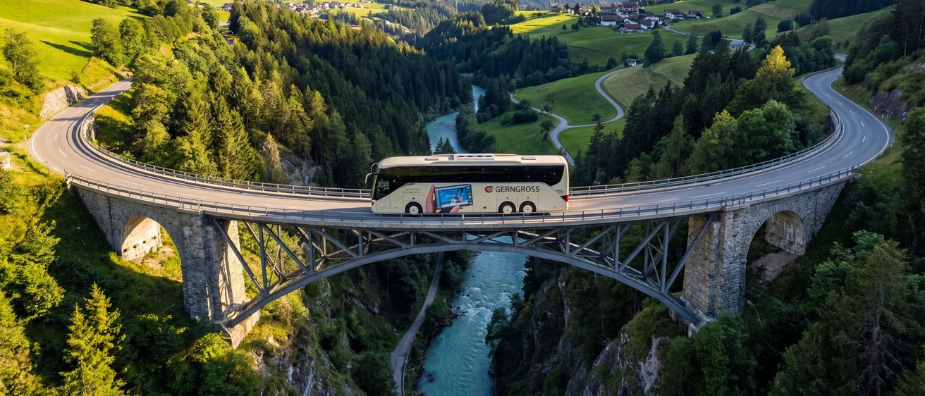 Ein Bus fährt auf einer Brücke über einen Fluss in einem Gebirgsgebiet. Die Brücke hat ein Metallgeländer und ist von üppigen grünen Bäumen umgeben. In der Ferne gibt es schneebedeckte Berge und ein Dorf mit Häusern.