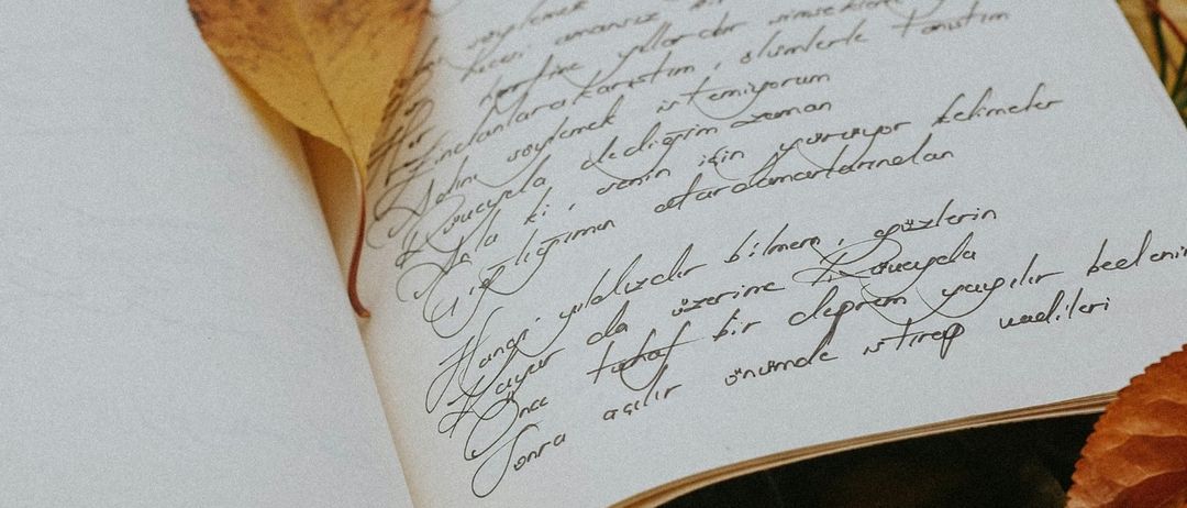 Ein offenes Buch mit handgeschriebenen Notizen auf weißen Seiten liegt auf einem Bett aus Herbstblättern. Der Titel 'WEIN.LESE.HERB' steht in fetter Schrift am unteren Rand.