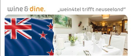 Ein Veranstaltungsposter für ein Abendessen im Restaurant Dreikonigshof. Es zeigt eine neuseeländische Flagge, einen gedeckten Tisch und eine Einladung zu einem Weinverkostungsabend. Die Veranstaltung ist für den 17. April 2026 um 18:00 Uhr geplant.