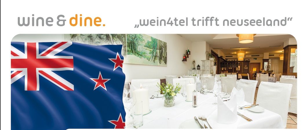 Ein Veranstaltungsposter für ein Abendessen im Restaurant Dreikonigshof. Es zeigt eine neuseeländische Flagge, einen gedeckten Tisch und eine Einladung zu einem Weinverkostungsabend. Die Veranstaltung ist für den 17. April 2026 um 18:00 Uhr geplant.