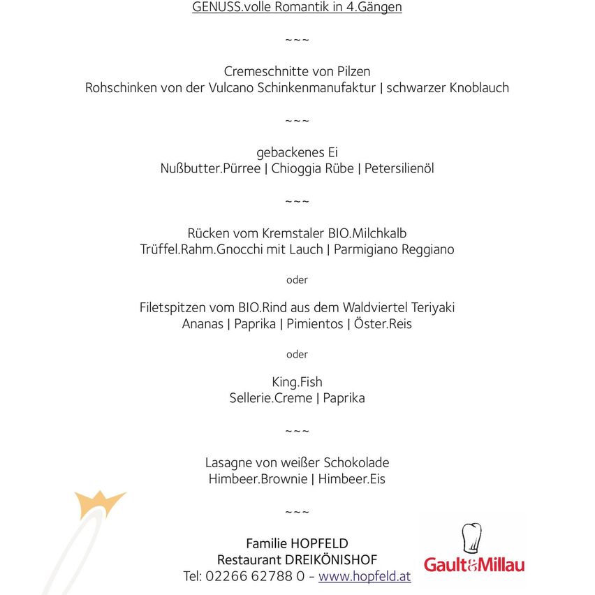Ein Menü mit vier Gängen: Cremesuppe, Schnitzel, Kartoffelsalat und Lasagne. Zutaten sind Ei, Sahne, Chioggia Rübe, Petersilie, geräucherter Schinken, Parmesan und verschiedene Fleischsorten. Familie Hopffeld Restaurant Dreikönigshof. Tel: 02266 62788 0 - www.hopfeld.at. Gault&Millau.